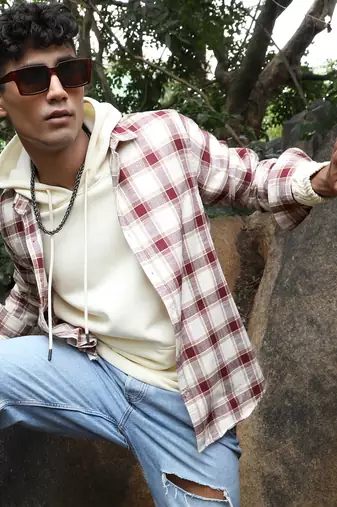 Men's maroon & white checks print shirt