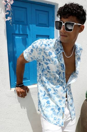 Men's artistic foliage print button up shirt
