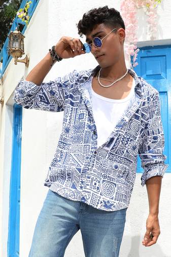 Men's indigo blue contrast aztec shirt
