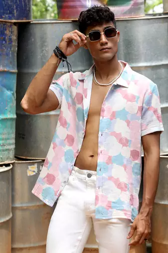 Men's blush pink & light blue artistic abstract shirt