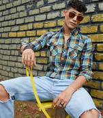 Men's checks cyan shirt