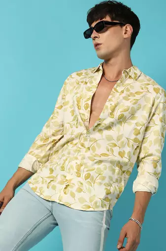 Men's artistic foliage print button up shirt