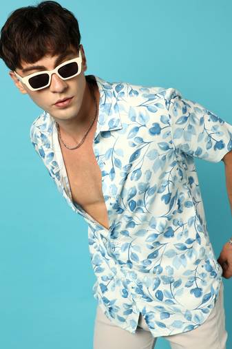 Men's artistic foliage print button up shirt