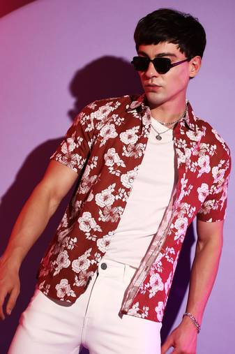 Campus sutra men's brown printed regular fit casual shirt