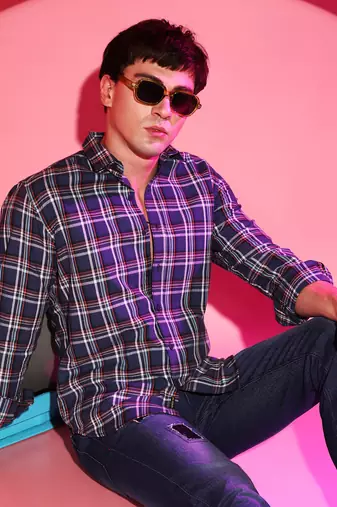 Campus sutra men's blue checkered regular fit casual shirt