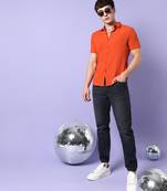 Campus sutra men's burnt orange textured regular fit casual shirt