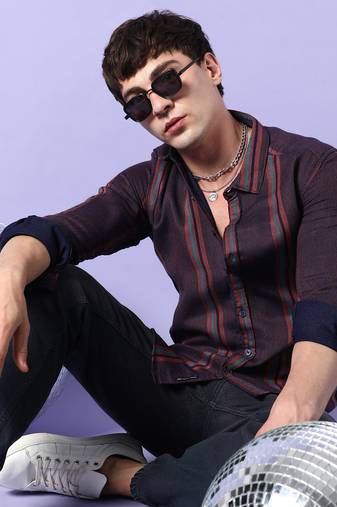 Campus sutra men's maroon striped regular fit casual shirt