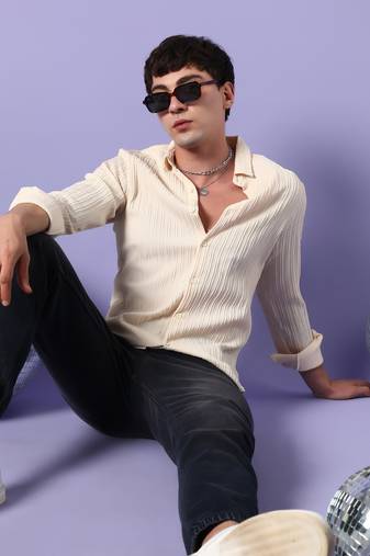 Campus sutra men's light yellow textured regular fit casual shirt
