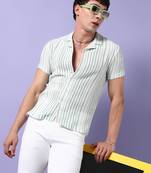 Campus sutra men's white & green striped regular fit casual shirt
