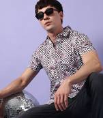 Campus sutra men's white & black printed regular fit casual shirt