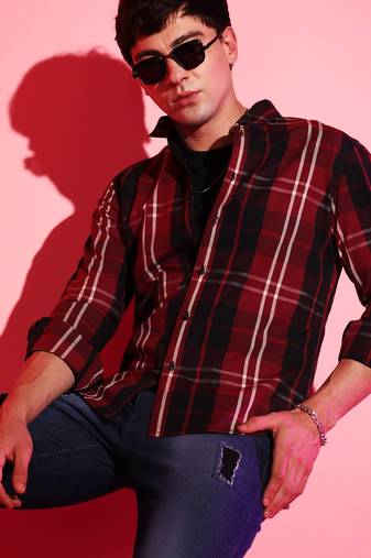 Campus sutra men's plaid red cotton shirt
