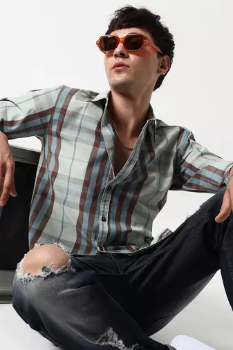 Campus sutra men's sage green tartan plaid shirt