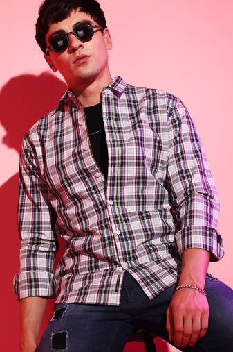Campus sutra men's tartan plaid button up shirt