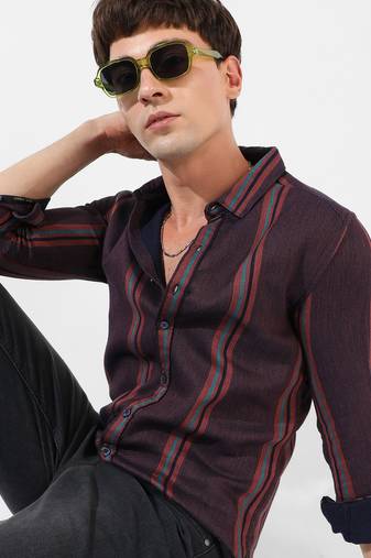 Campus sutra men's maroon striped regular fit casual shirt