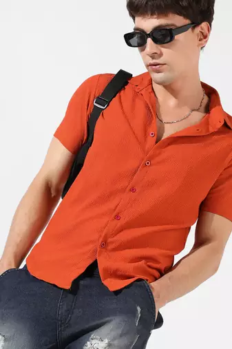 Campus sutra men's burnt orange textured regular fit casual shirt