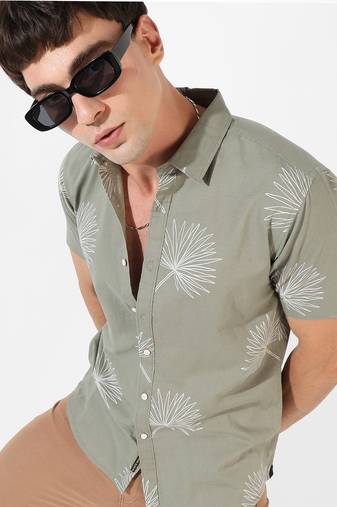 Campus sutra men's sage green printed regular fit casual shirt