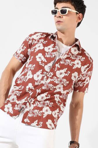 Campus sutra men's brown printed regular fit casual shirt
