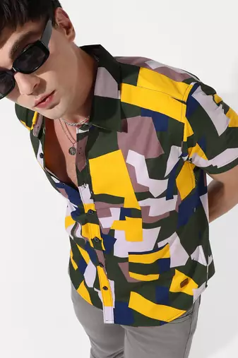 Men's multicolour abstract cotton shirt