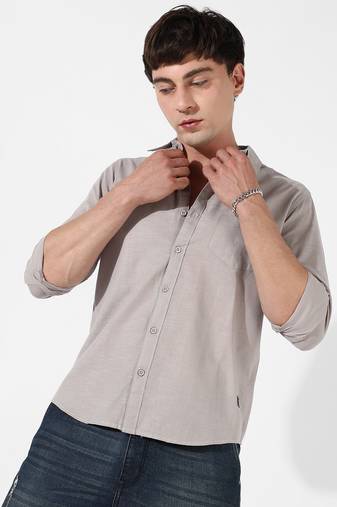Men's solid beige regular fit shirt
