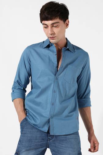 Men's solid denim blue regular fit shirt