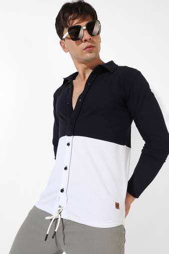 Men's navy blue colourblocked regular fit casual shirt