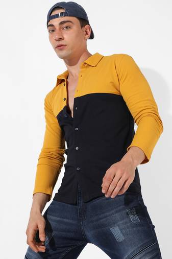 Men's mustard yellow colourblocked regular fit casual shirt