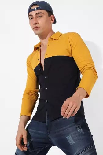 Men's mustard yellow colourblocked regular fit casual shirt