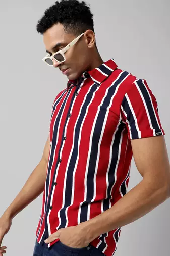 Men's red striped regular fit casual shirt