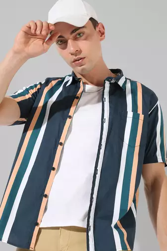 Men's blue striped regular fit casual shirt