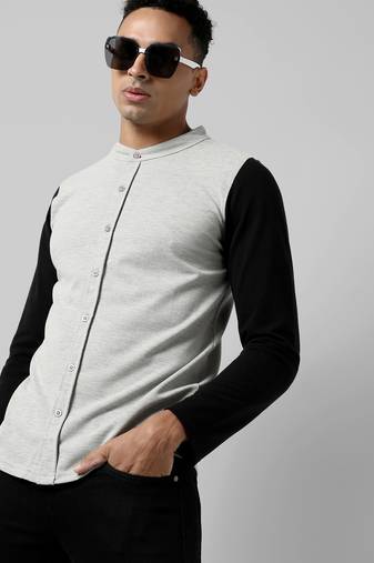 Men's grey colourblocked regular fit casual shirt