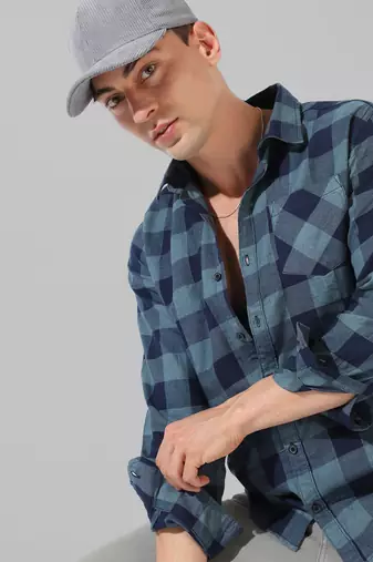 Men's blue checkered casual shirt