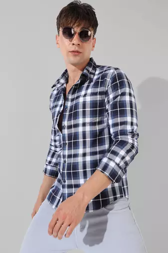 Men's blue checkered casual shirt