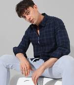 Men's navy blue checkered casual shirt