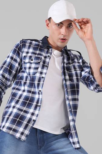 Men's navy blue checkered casual shirt