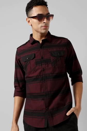 Men's maroon striped regular fit casual shirt