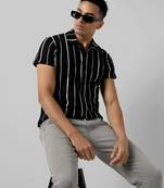 Men's black striped regular fit casual shirt