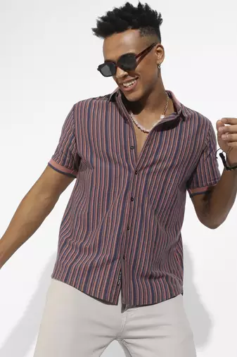 Men's brown & blue contrast knitted shirt