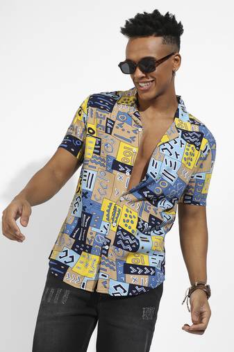 Men's blue & beige aztec print shirt