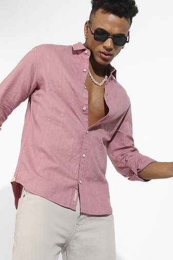 Men's coral pink self-design striped shirt