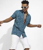 Men's teal blue abstract lines print shirt