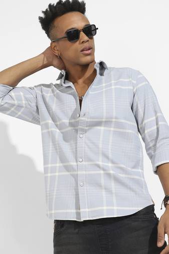 Men's light grey contrast tartan plaid shirt