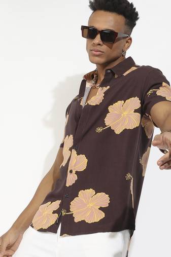 Men's brown hibiscus print shirt