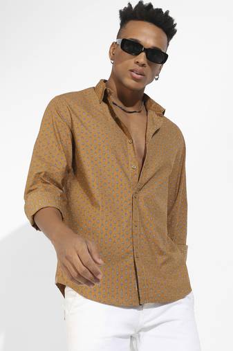 Men's tan brown micro flower shirt