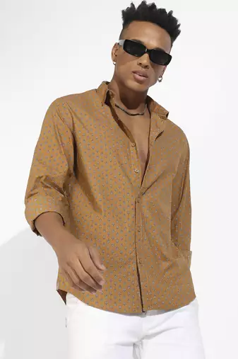 Men's tan brown micro flower shirt
