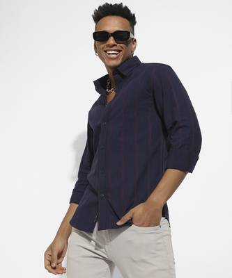 Men's navy blue & red ombre striped shirt 1