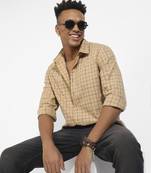 Men's beige contrast tartan plaid shirt