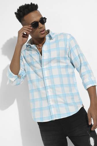 Men's white & light blue tartan plaid shirt