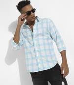 Men's white & light blue tartan plaid shirt