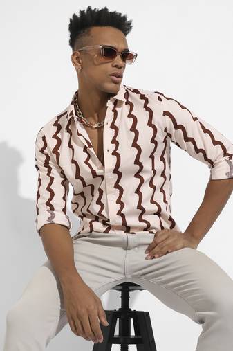 Men's beige & brown contrast paint lines shirt