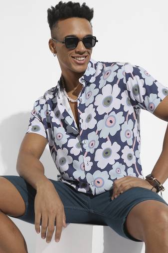 Men's indigo blue maxi floral block shirt